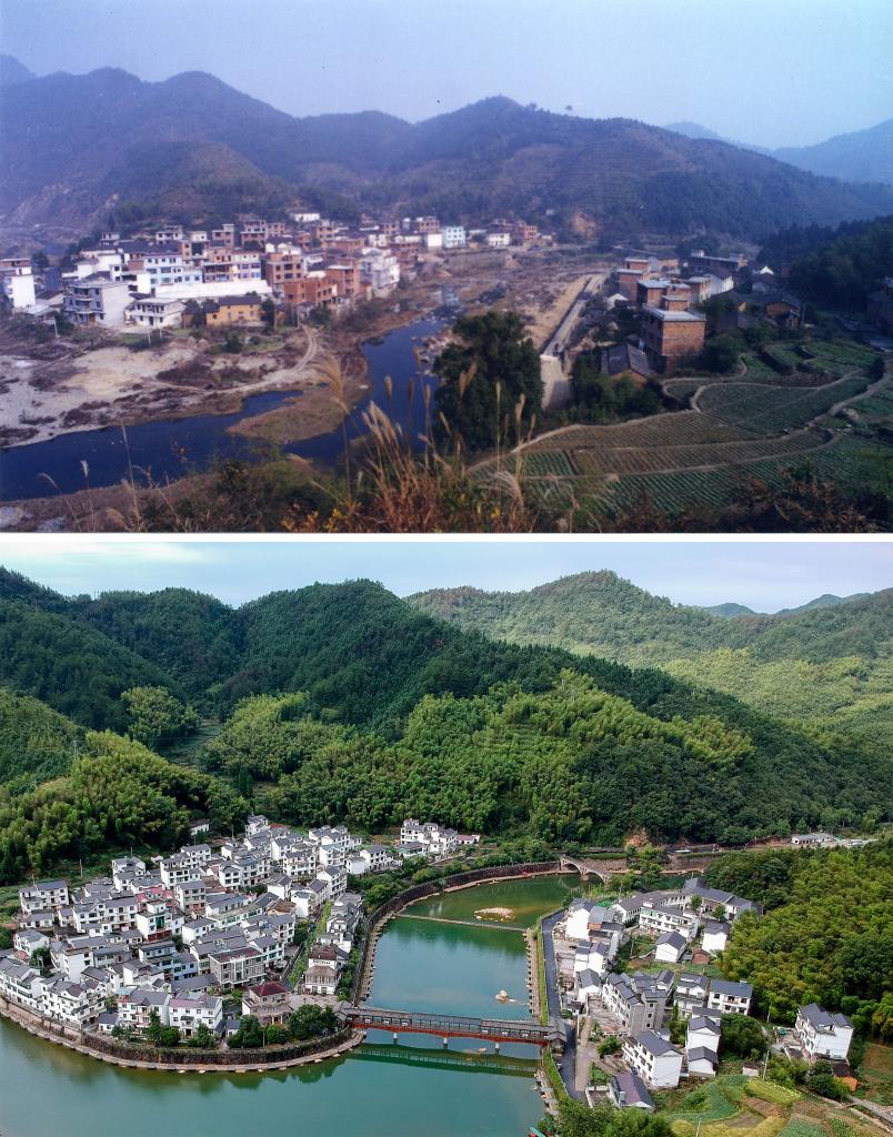 圖為浙江省杭州市淳安縣楓樹嶺鎮(zhèn)下姜村拼版圖，其中上圖為資料照片、下圖由新華社記者張鋮攝。